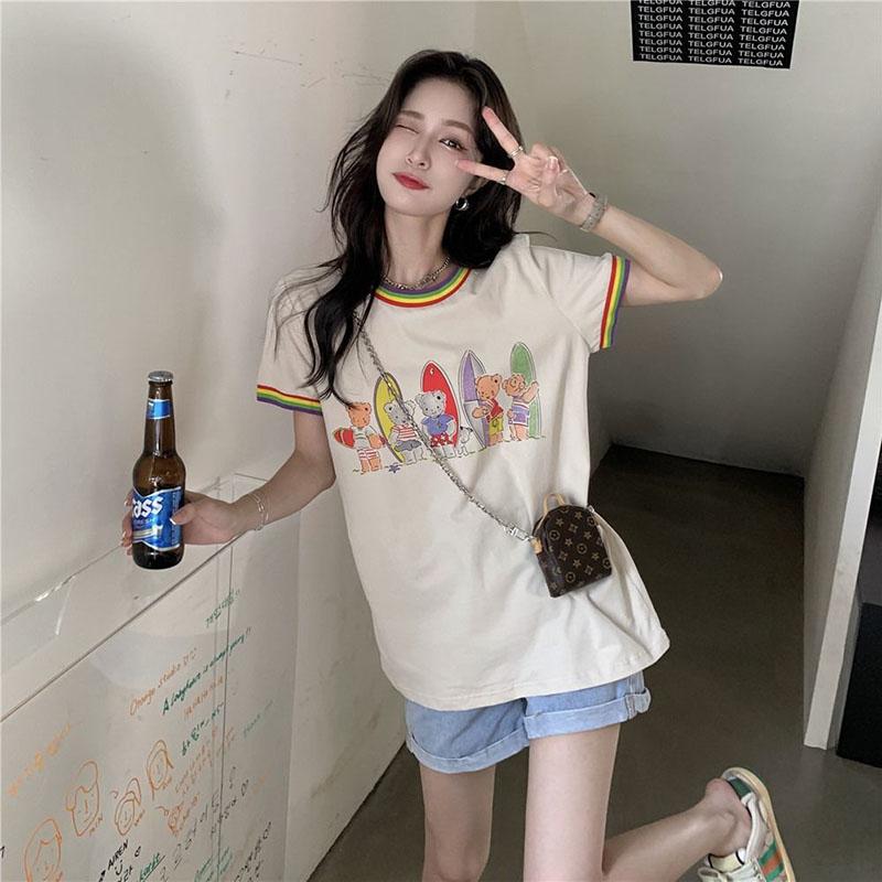 Women's Sweet Round Neck Printed T-Shirt Short Sleeve Summer Loose Top