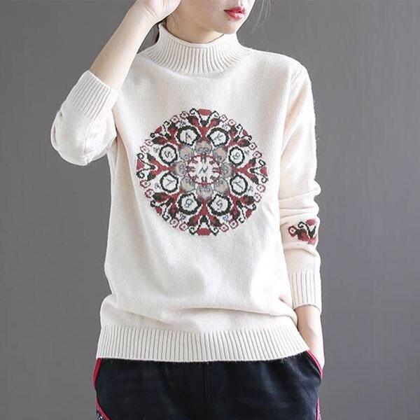 National Style Vintage Pullover Sweater Women Autumn Winter High-neck Plus Size Inner Base Sweater Loose Knitwear