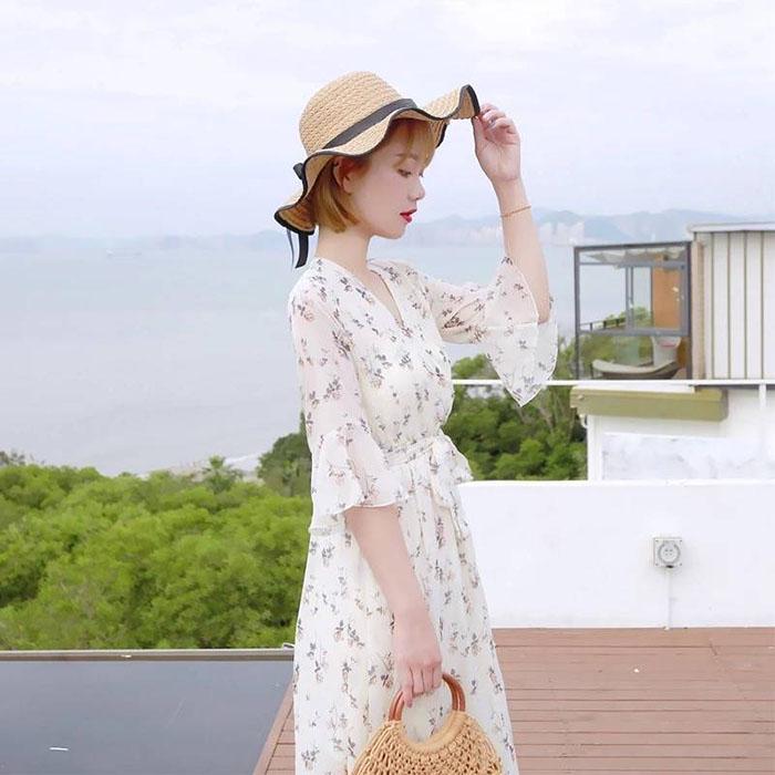Pofulove Plus Size Women Summer Floral Chiffon Dress Slim Short Dress Over The Knee Sexy Dress