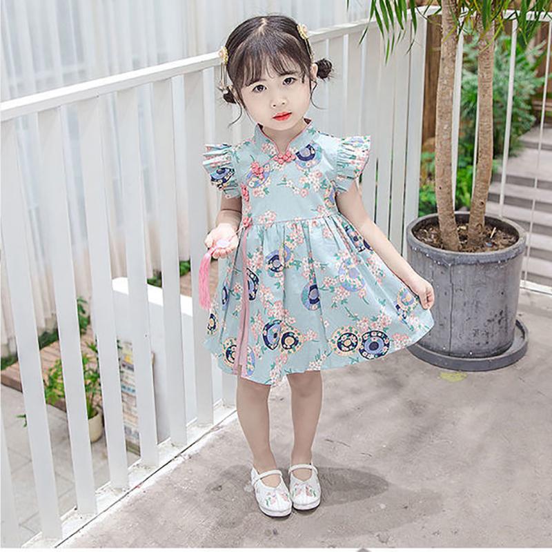 Girls Cheongsam Skirt Summer Dress Baby Girl Summer Style Hanfu Tang Suit Children Foreign Style Flying Sleeve Dress