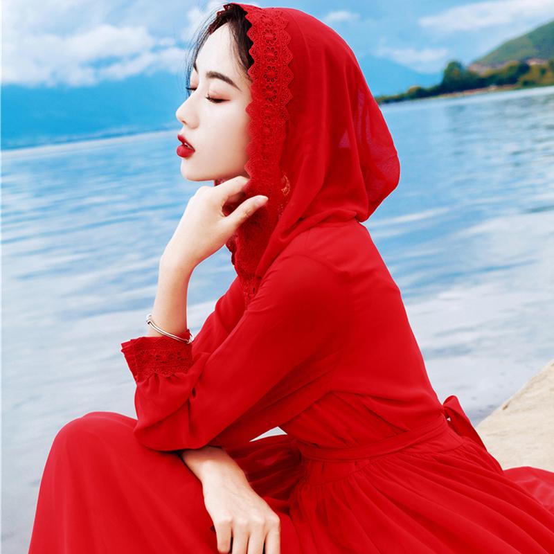 Woman long skirt plus size red chiffon dress woman hooded beach skirt waist long skirt