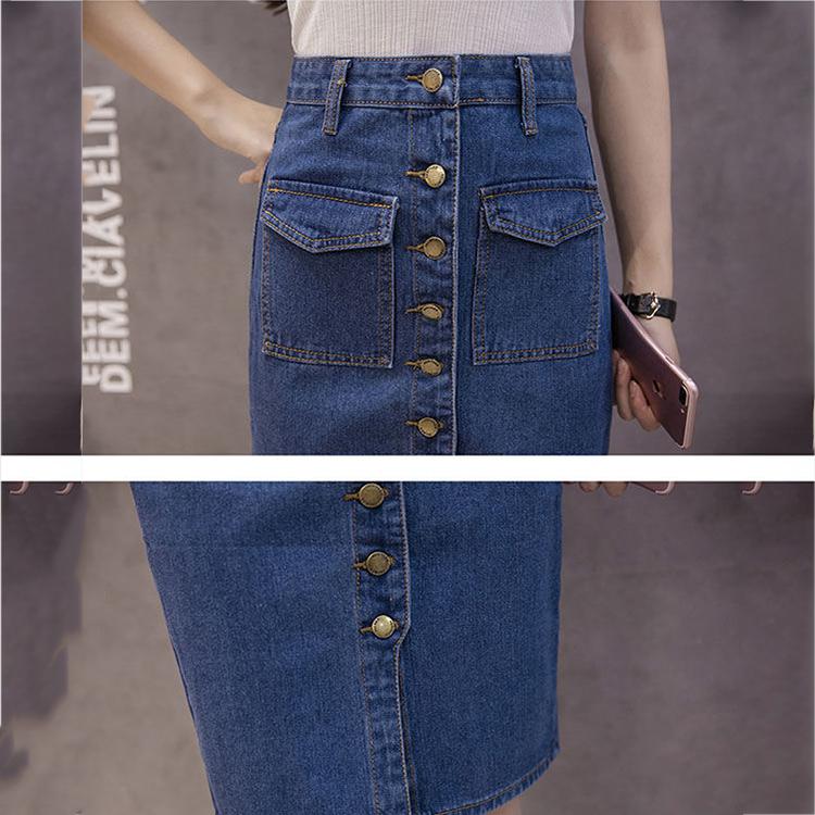 Women Sexy Solid Pocket Buttons Split Denim Skirt High Waist Above Knee Hip Skirt Casual Club Home Office
