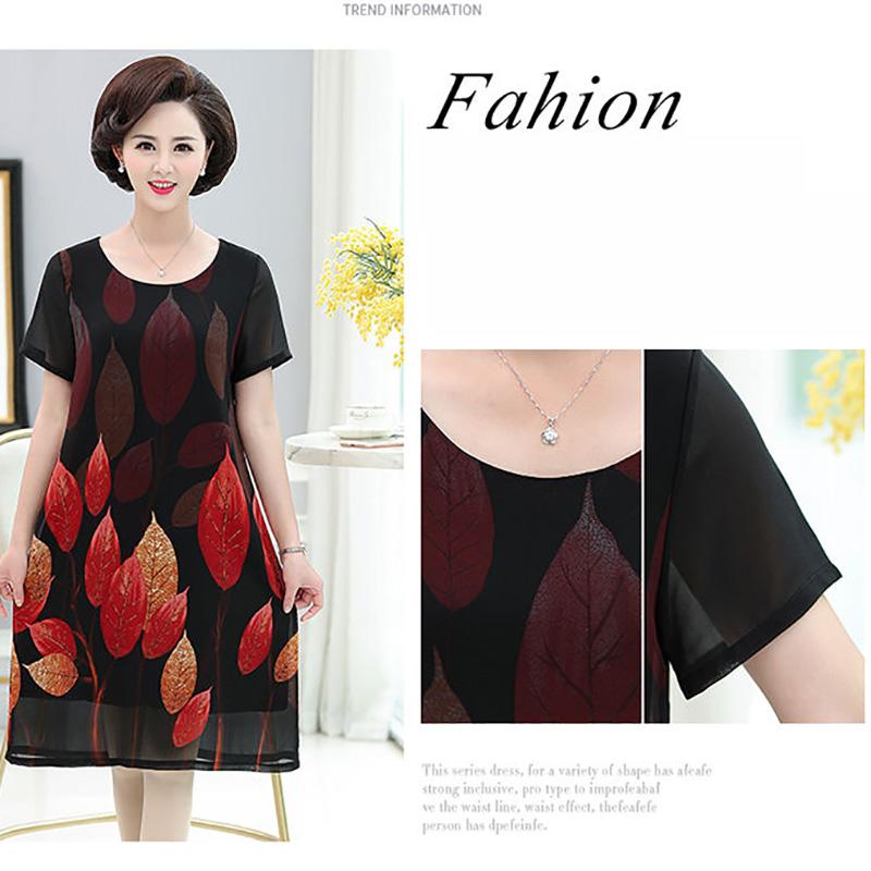 Women's Summer Dress  Middle-aged and Elderly Women's Summer Dress Large Size Chiffon Print Round Neck Short Sleeve Skirt