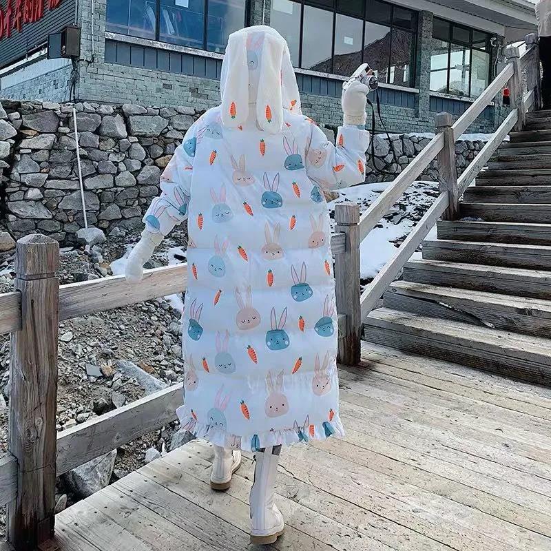 Cute Rabbit Ears Down Padded Jacket Women's Mid-length Thick Fishtail Padded Jacket Korean Style Loose