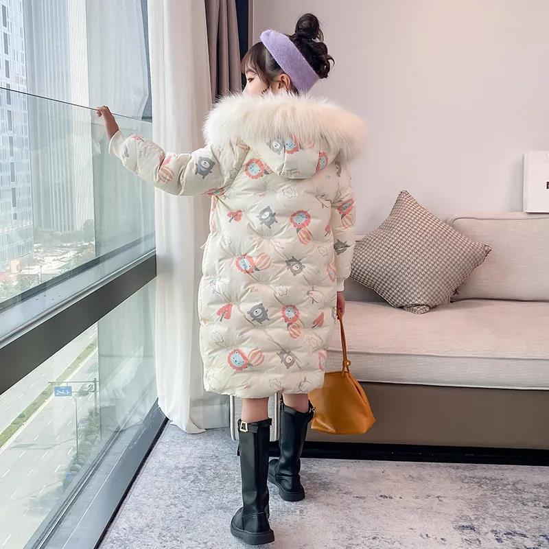 Girls' Winter Warm Cotton Coat Mid-length Thick Padded Jacket Little Girl Plus Velvet Windproof Down Jacket