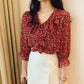 Floral V-neck Wood Ear Edge Trumpet Sleeve Seven Sleeve Chiffon Shirt, Women's Summer Korean Loose Top Trend