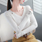 Thin V-neck Sweater Women's Autumn and Winter Long-sleeved Buttons and Wooden Ears Knitted Bottoming Shirt with Temperament Blouse Women