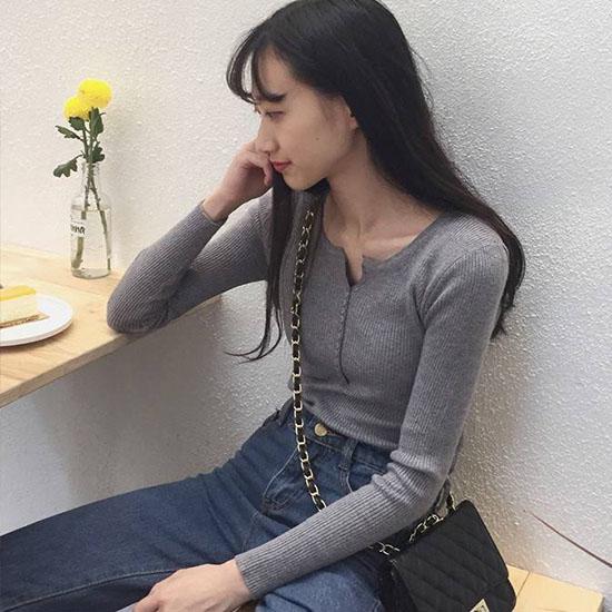 Pofulove Long Sleeve V-neck Pullover Short Button Sweater Women Open Navel Sexy Slim Waist Knitwear