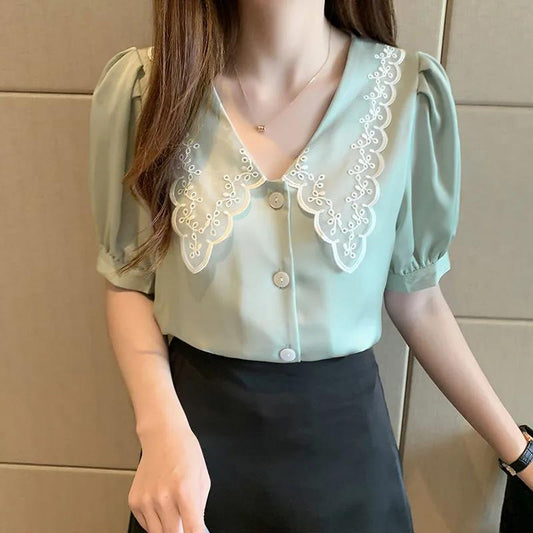 Short-sleeved T-shirt Women's Summer Loose Solid Color Lace V-neck Shirt Top