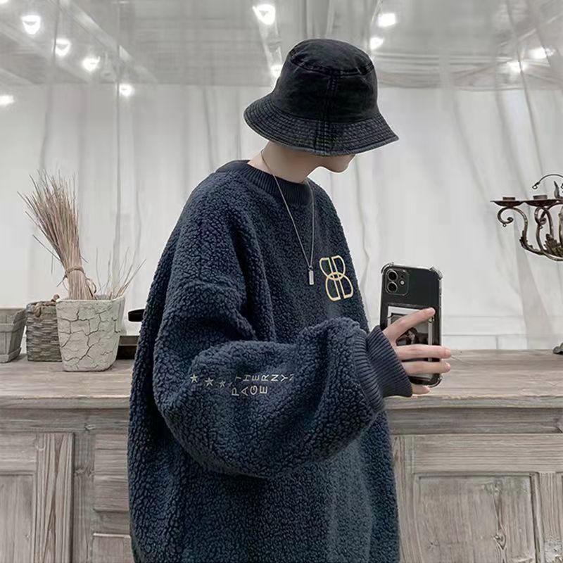 Autumn and Winter Plus Velvet Padded Round Neck Sweater Men's Loose Hedging Warm and Comfortable Jacket