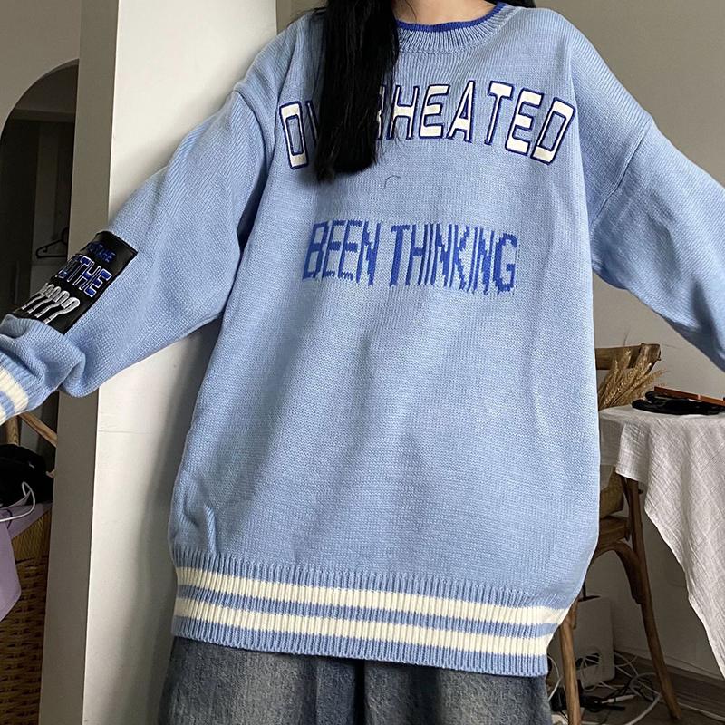 Autumn Winter Letter Stitching Round Neck Sweater Stitching Loose Fashion Casual All-match Knitted Outer Top