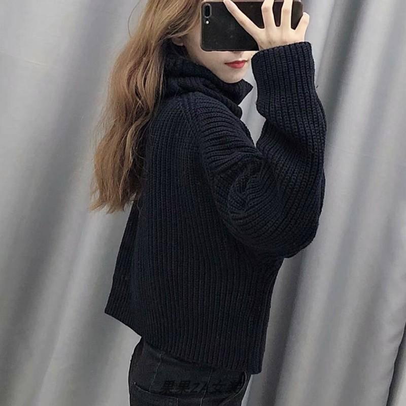Lazy Wind Loose Head High Collar Women Knit Sweater Pure Black Double Pockets Lady Sweaters Casual
