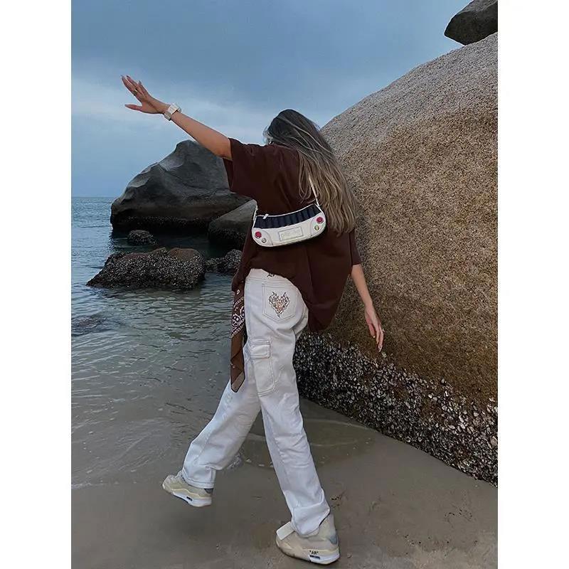 Jeans Women Korean High Waist Street Embroidery Street Wide Leg Pants Jeans for Women High Waisted Jeans Hip Hop Drag Sister Fried Street Pants