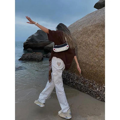 Jeans Women Korean High Waist Street Embroidery Street Wide Leg Pants Jeans for Women High Waisted Jeans Hip Hop Drag Sister Fried Street Pants