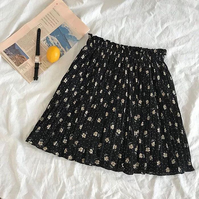 Pofulove Women Pleated Chiffon Skirt High Waist Slim Floral Package Hip Skirts Mini A-line Skirt