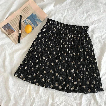 Pofulove Women Pleated Chiffon Skirt High Waist Slim Floral Package Hip Skirts Mini A-line Skirt