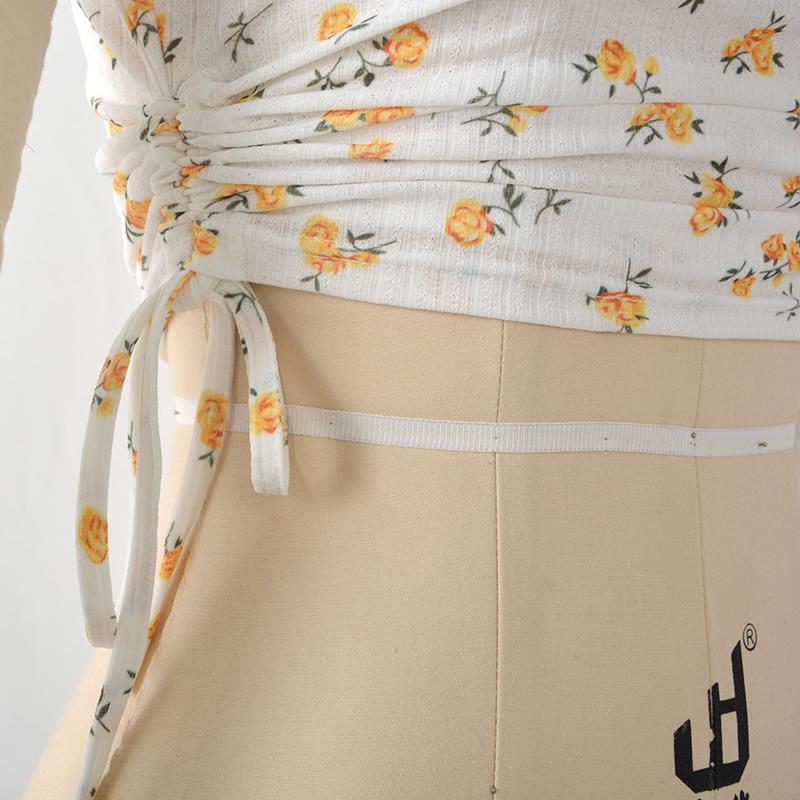 Sexy Printed Short-sleeved T-shirt Women Drawstring Navel Round Neck Casual Top Vacation Party Daily