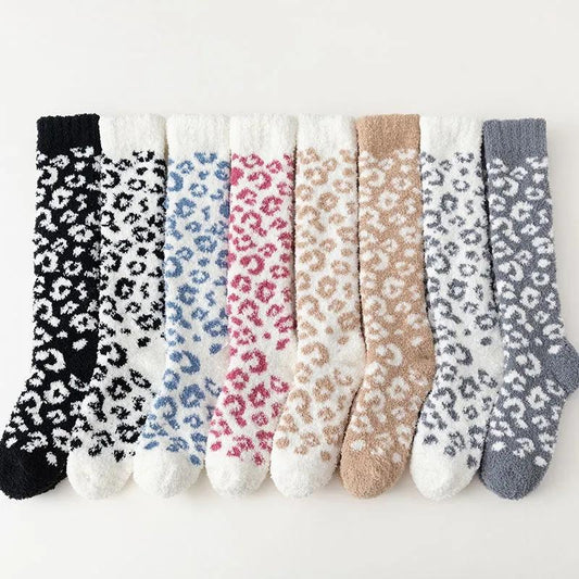 3 Pairs of Leopard-print Coral Fleece Socks Women's Calf Socks Furry Winter Sleep Socks Plus Velvet Thick Warm Stockings