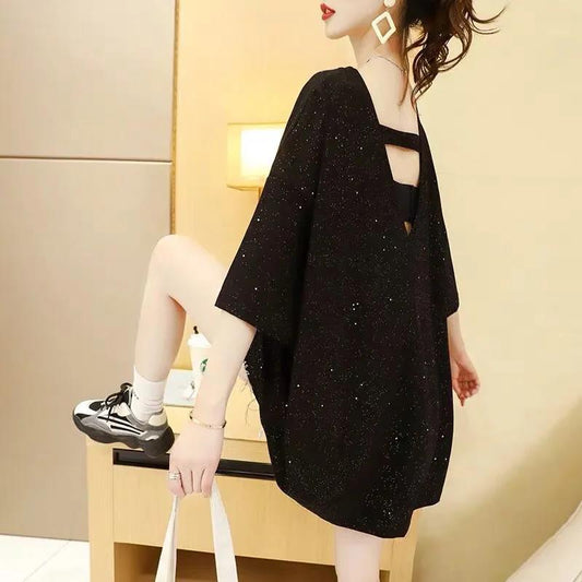 Open Back Design Women's Mid-length Loose T-shirts Women's Round Neck Short-sleeved Loose and Thin Women's Casual Loose T-shirts