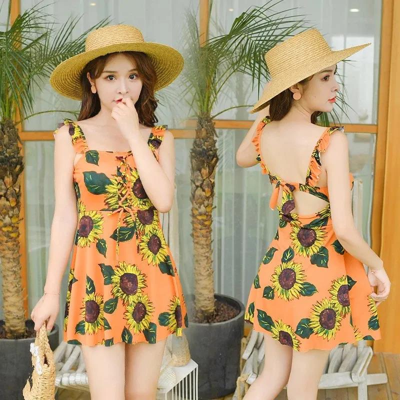 Swimsuit Women's One-piece Skirt-style Boxer Briefs Covering The Belly and Slimming Small Breasts Gathered Ladies Sweet and Cute Swimwear