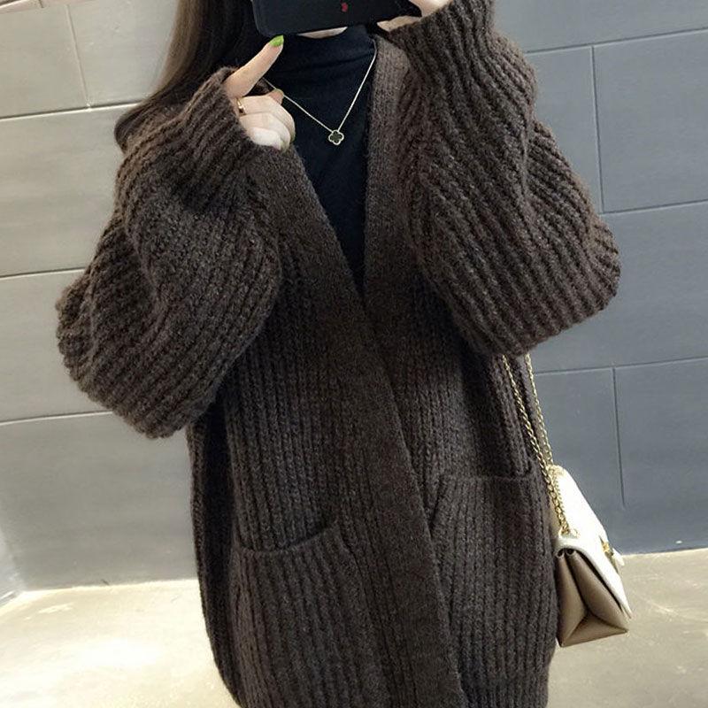 Fashion large pocket sweater large size medium long loose knitted cardigan sweater coat women