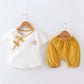 Children's Suit Summer Thin Boys Girls Loose T-shirt Shorts Two Piece Set Chinese Style Zen Pleated Button Ventilation