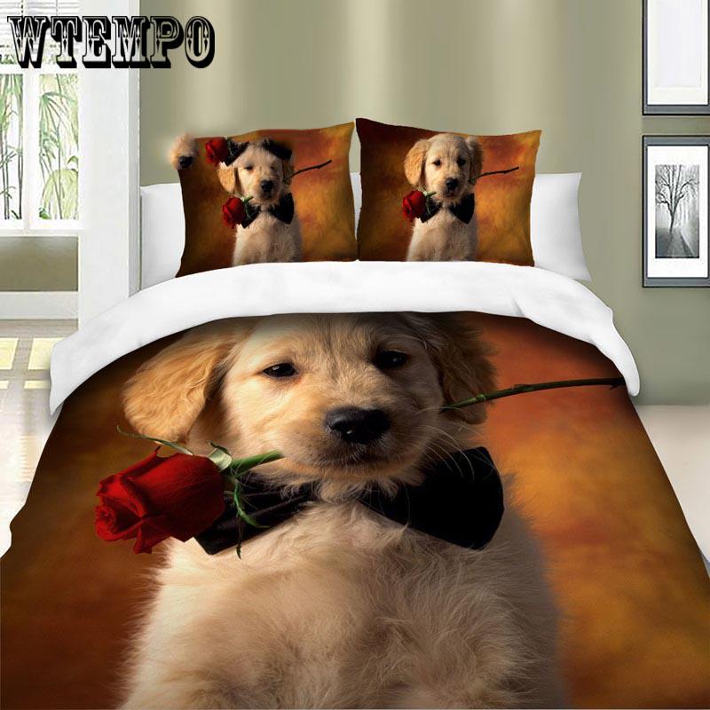 Fashion Cute 3D Cartoon Rose Dog Pattern Duvet Cover Set Bedclothes Pillow Cases Bedding Set