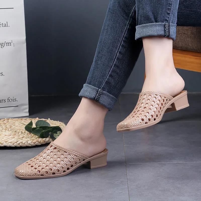 Beach Slippers Women Wear Baotou Summer Middle Heel Mother Shoes To Increase Outdoor All-match Non-slip Slippers High Heels
