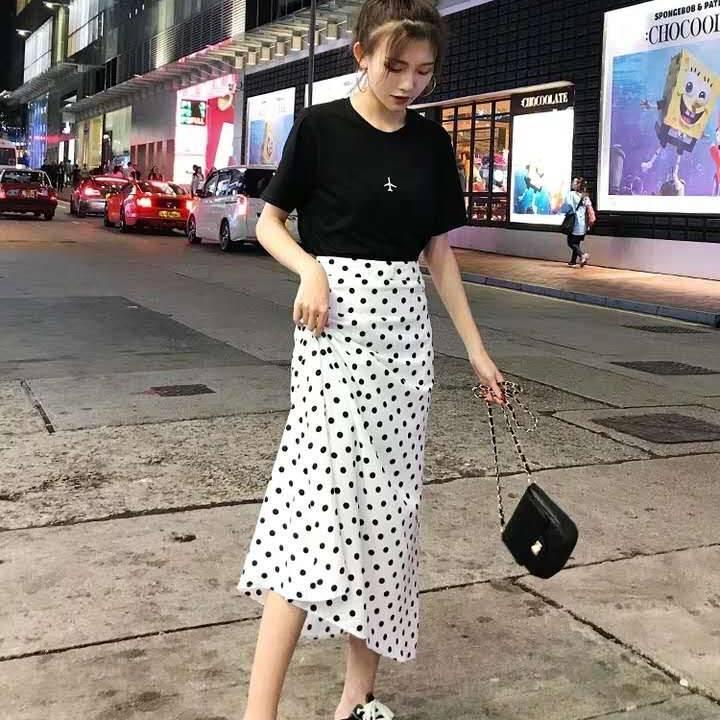 Spring Summer Polka Dot Skirt Floral Black Elegant Maxi Office Zipper Skirts with Lining Plus Size