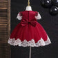 Temperament Girls Dress Skirt Lace Bow Dress Princess Skirt Round Neck Short Sleeve Lace Tutu Skirt Waist A-line Skirt Sweet Fairy Tale Skirt