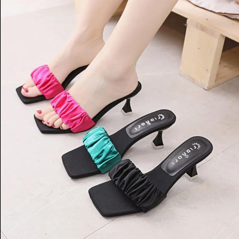 New High-heeled Shoes, Satin, Square Toe, Stiletto, Open-toe Women's Shoes for Outer Wear