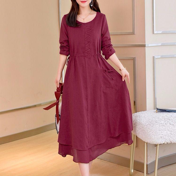 Women Dress Leisure Dress Women Ladies Fashion O-Neck Long Sleeve Loose Leisure Long Dress