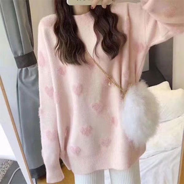 Love Round Neck Pullover Sweater Spring and Autumn Loose Fairy Gentle Style Student Sweater Jacket