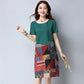 Vintage M-XXXL Summer Cotton and Linen Short-sleeved Knee-length Geometric Splicing Dress