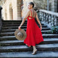 Bow Red/white Dress Sexy Women Summer V-neck Sling Sleeve Backless Night Club Party Bodycons Bandage Mid-calf Beach Vacation