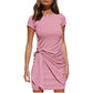 Irregular Dress Women's Short Sleeve Round Neck Pleated Bow Belt