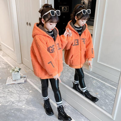 Girls' Cashmere Warm Jacket Korean Style Plus Velvet Padded Jacket Autumn and Winter Windproof Hooded Top