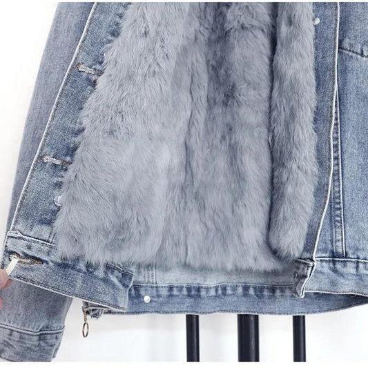 Large Fur Collar Denim Jacket Women's Short Style Plus Velvet Warmth Loose Plus Velvet Thick Cotton-padded Jacket Cotton Casual Winter Jacket