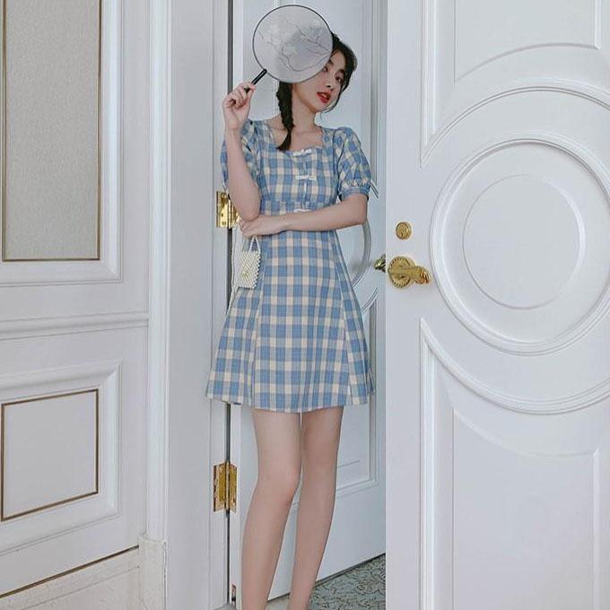 Waist Blue Plaid Dress Female Middle Length Retro Slim Square Neck Little Fresh High Waist Bubble Sleeve A-line Dress