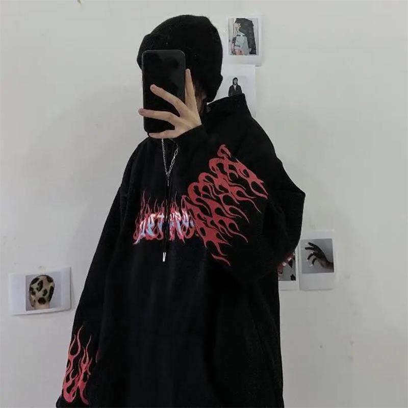 Autumn and Winter Harajuku Style Street Dark Flame Print Loose Hooded Sweater for Men and Women