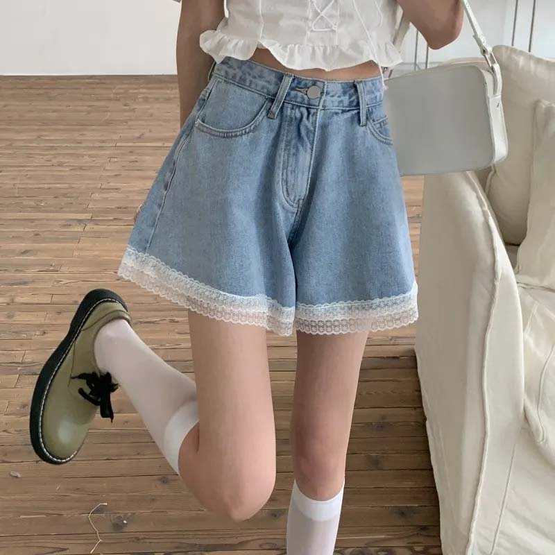 Sweet Denim Shorts for Women Wide Leg Cute Short Pants Summer High Waist Lace Edge Pants A-line Loose Jeans Pants High Waist Shorts Y2k Short Bottoms