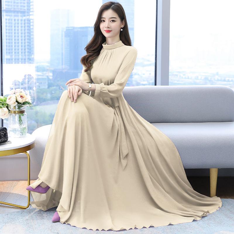 Chiffon Long Sleeve Dress for Women Spring Autumn Large Size Pure Color Fairy Temperament Over The Knee Beach Large Swing Dress Women