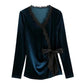 Casual Lace Velvet TShirts Sexy V-Neck Long Sleeve Blouse Women Elegant Short Tops Autumn Pullover