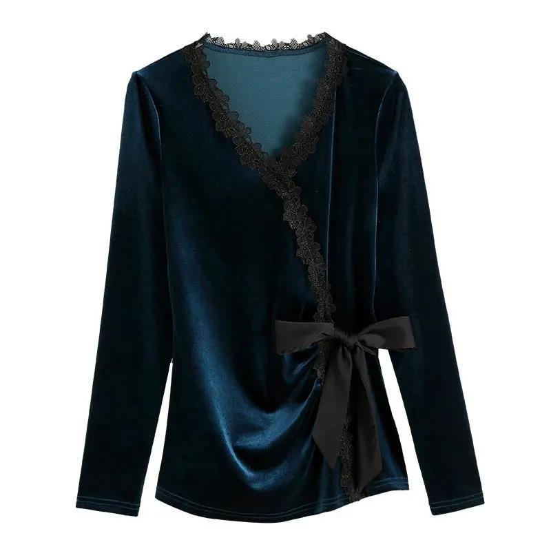 Casual Lace Velvet TShirts Sexy V-Neck Long Sleeve Blouse Women Elegant Short Tops Autumn Pullover