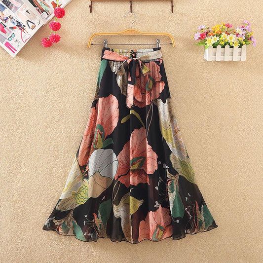A-line Draping Ruffled Skirt Chiffon Skirt Pleated Floral Skirt Summer Women's High Waist Long Skirt