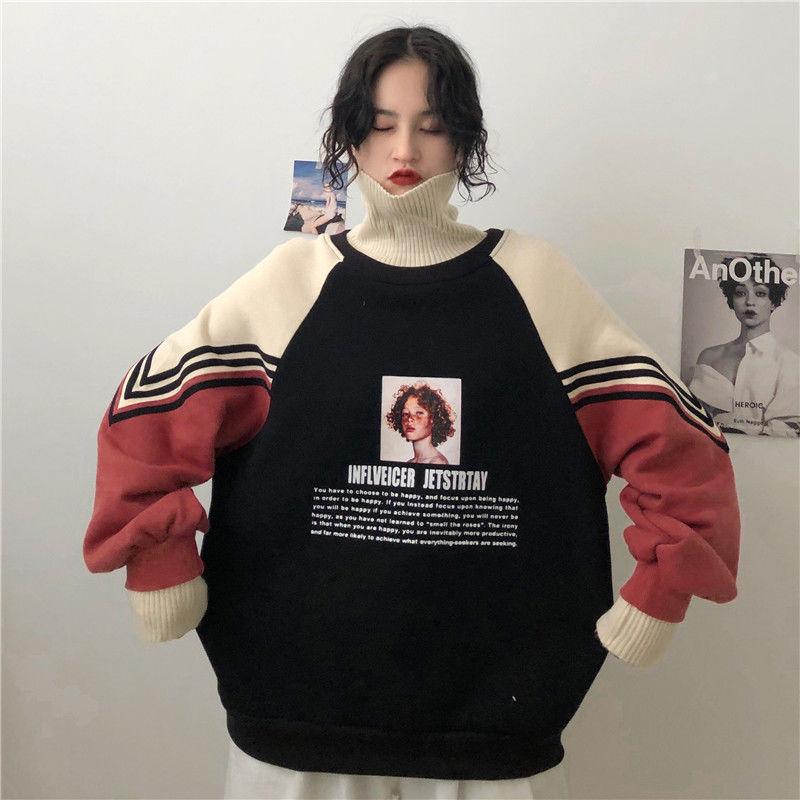 Women Sweatshirts Turtleneck Hooded Printed Knitted Collar Oversized Fashion Winter Pullover Tracksuit Plus Size Loose Casual Sportshirt Top Clothes