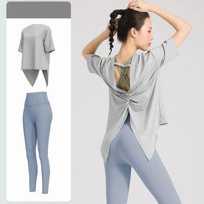 Fitness Clothing Women's Summer Long Loose and Thin Quick-drying T-shirt Running Training Sports Short-sleeved Yoga Top + Jogging Trousers Two-piece