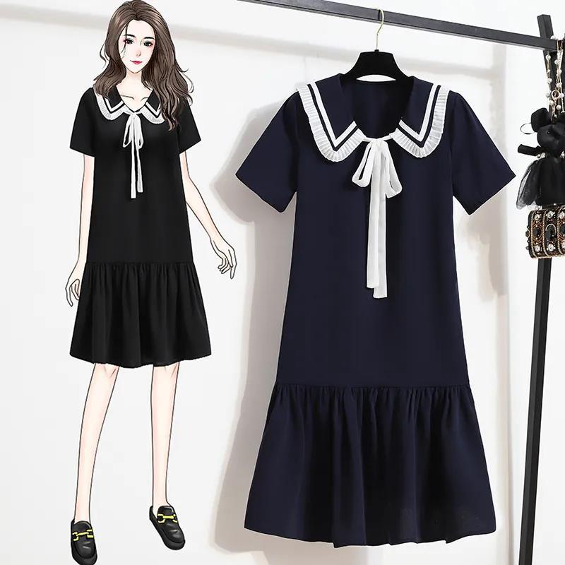 Sailor Collar Navy Dress Sweet Bow-knot Girl Retro Style Student Girls Knee-length Solid Color Dress