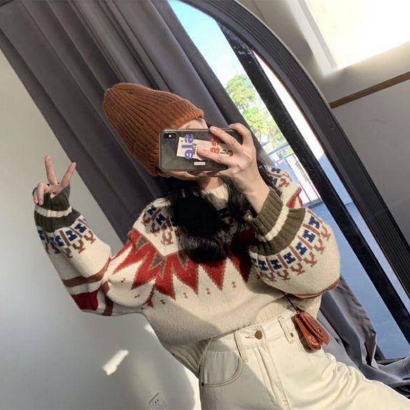 Pofulove Loose Retro Net Red Short Sweater Female Thicken Hedging Student Long Sleeve Sweater Tide