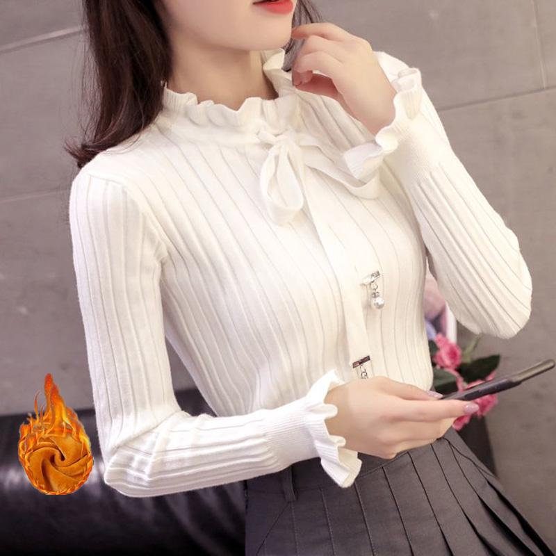 Bowknot Plus Cashmere Korean Knit Sweater Autumn and Winter Long-sleeved Slim Pullover Sweater Wood Ear Bottoming Shirt